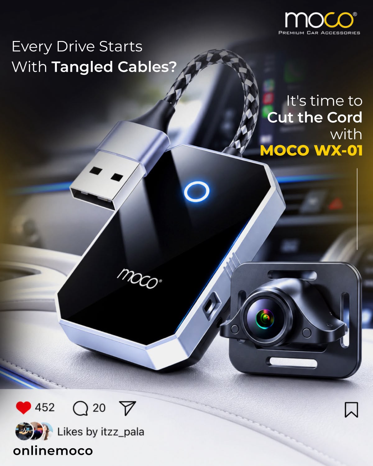 WX-01 wireless CarPlay dongle with reverse backup camera combo