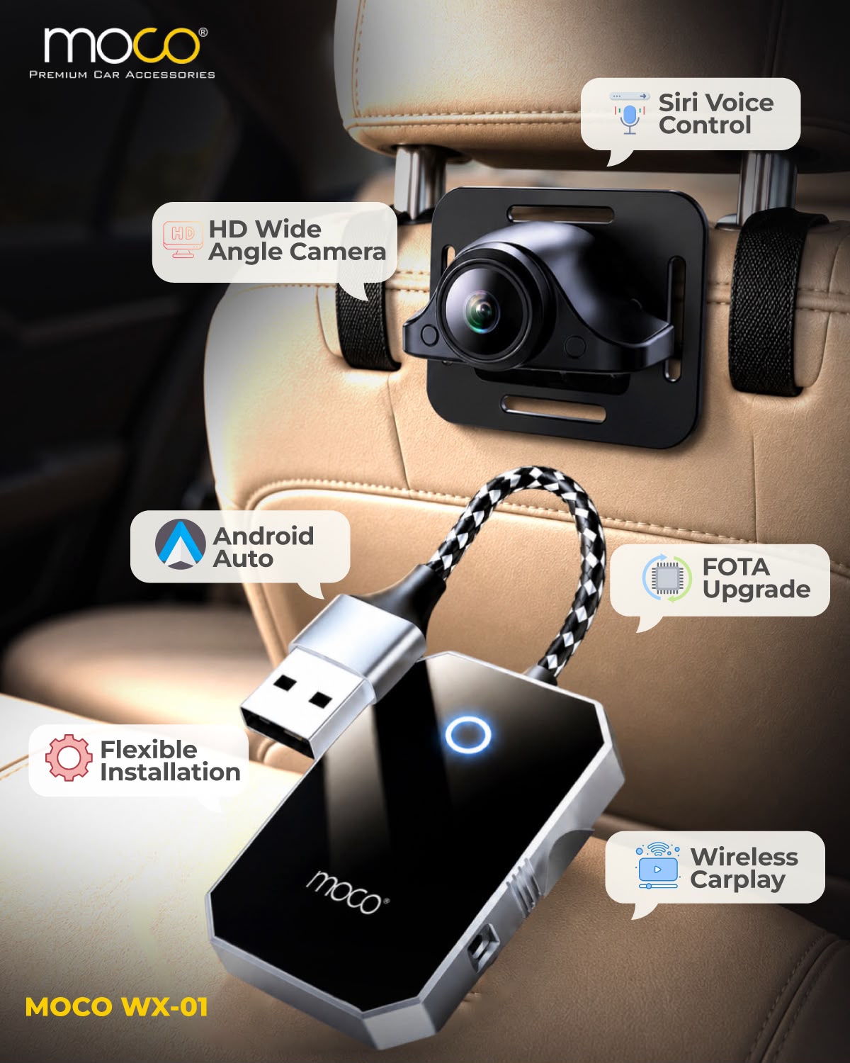 MOCO WX-01 wireless CarPlay adapter with reverse camera